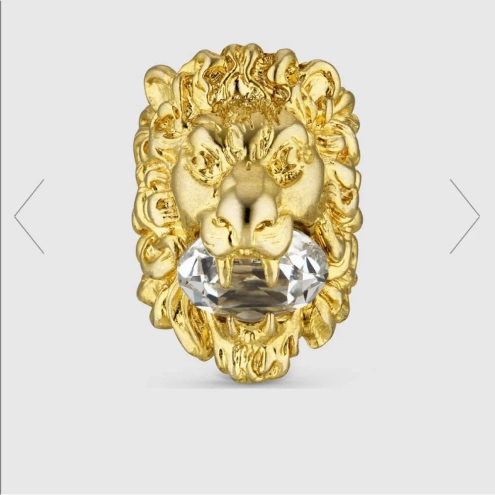 Gucci Gold Lion Head Ring with Clear Stone Accent